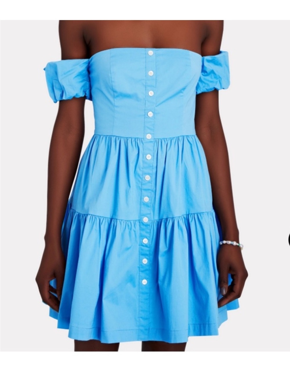 STAUD Light Blue Off-Shoulder Button-Tier Mini Dress
